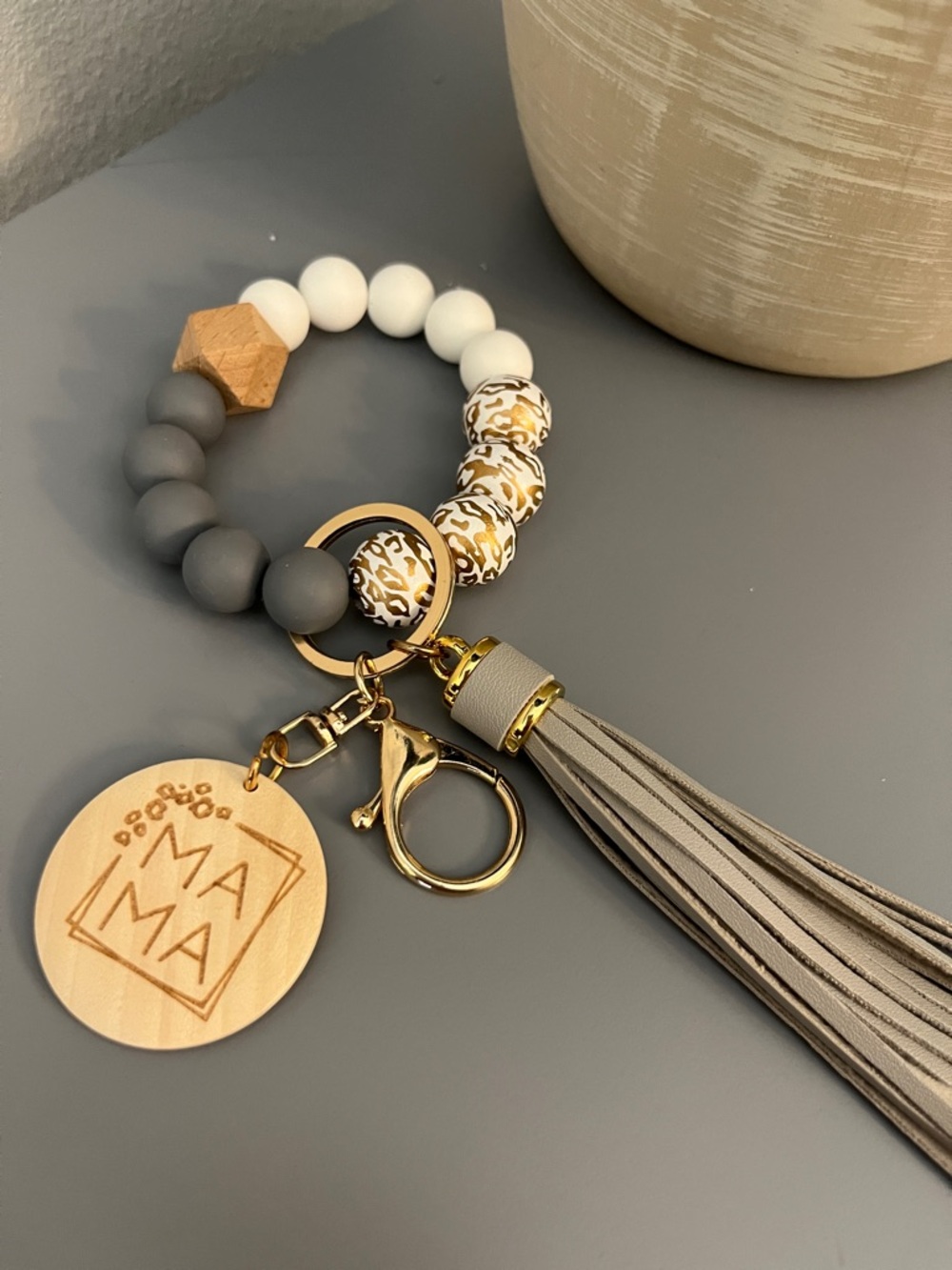 Gray White Gold Beaded Tassel Wrist Keychain with MA MA Charm